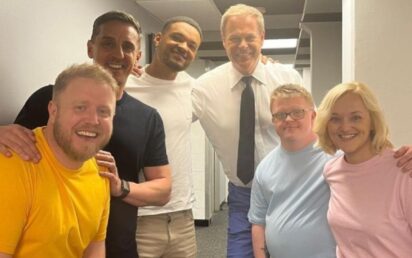 Christian and Ross Laing with Natalie Dickson alongside Steven Bartlett, Peter Jones and new Dragon Gary Neville
